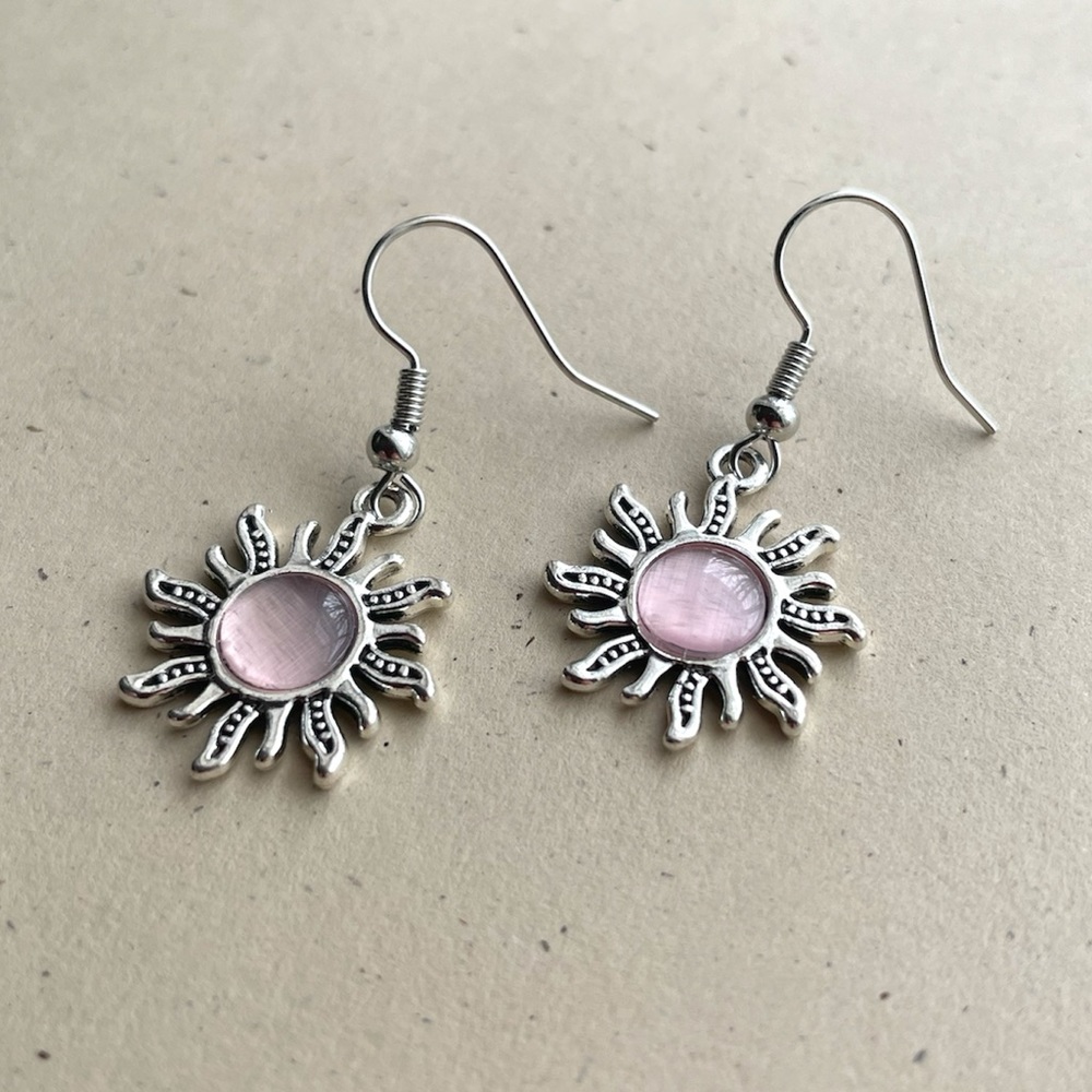 Silver pink gemstone sun earrings